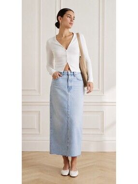 NWOT AGOLDE Della Denim Jean Skirt Sz 25 Light Blue Raw Hem Midi Clean Girl Slit